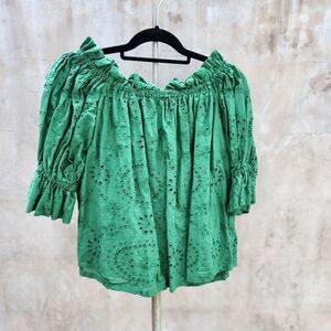 Monica Mahoney green eyelet off shoulder blouse